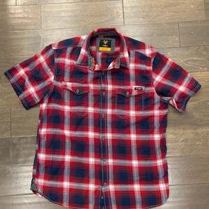 Hawx Work Gear Flannel Shirt Mens Lg Button Up Short‎ Sleeve Plaid Dual Pockets